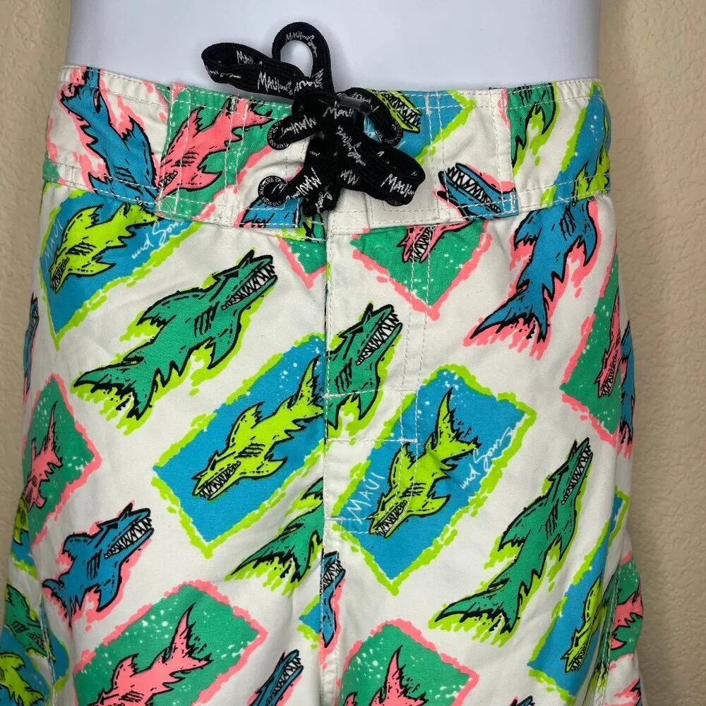 Maui and Sons Vintage 80s Neon Shark Board Shorts Size 32